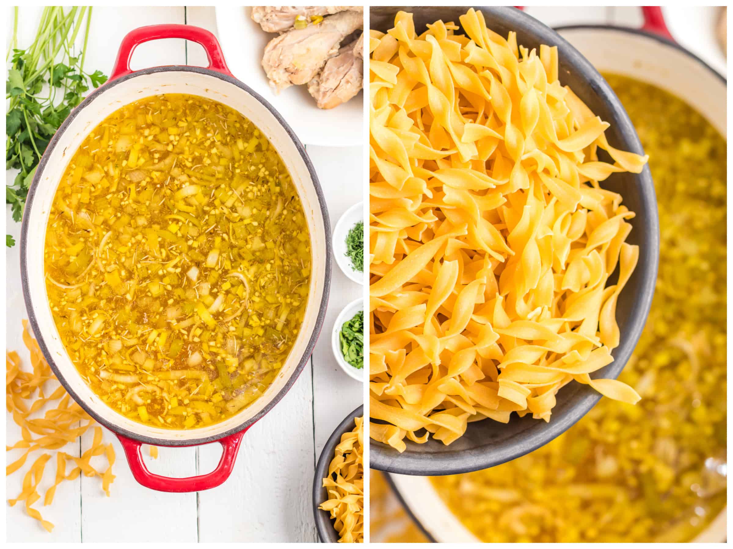 adding noodles to pot