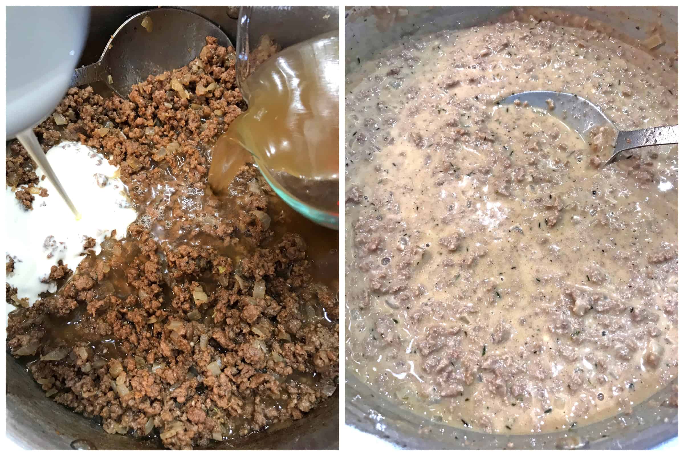 adding cream and broth to ground meat