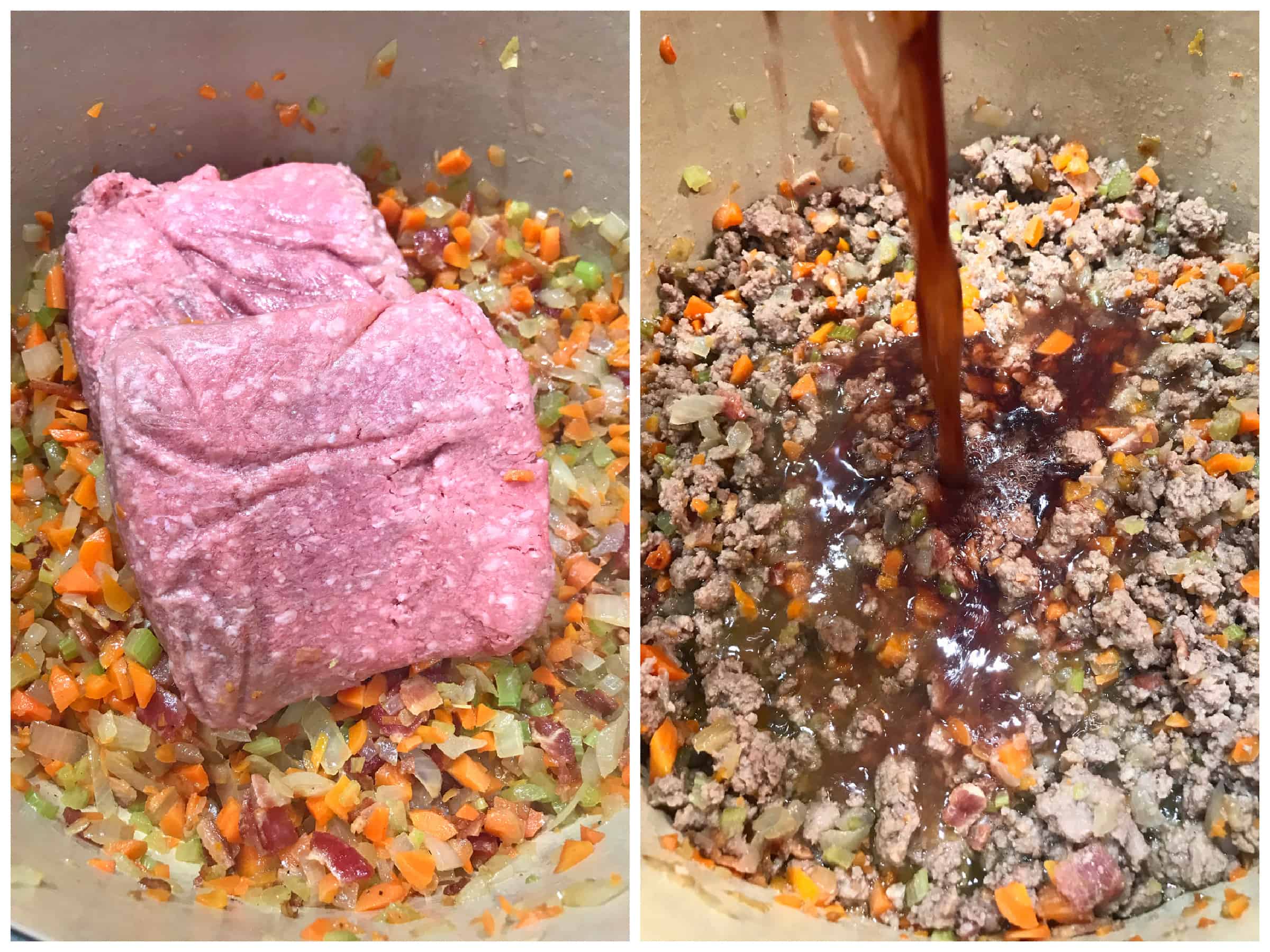 cooking meat in pot and adding wine
