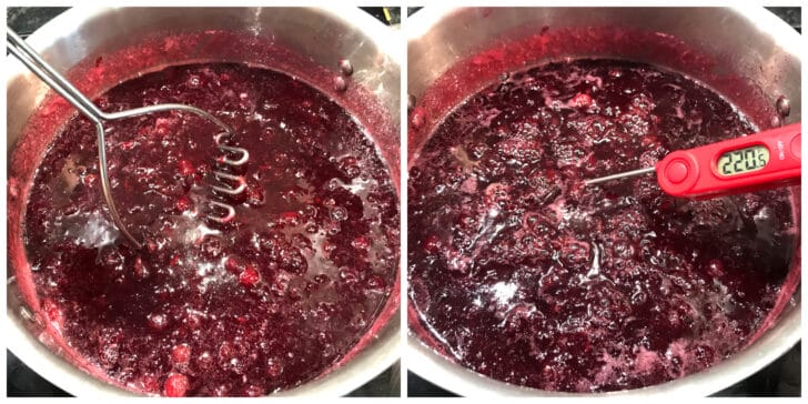 mashing gooseberries in pot