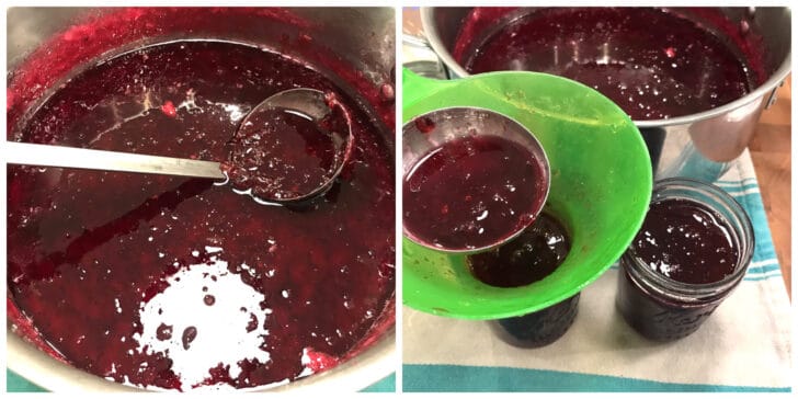ladling gooseberry jam into jars