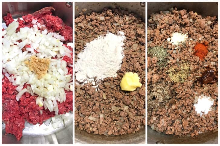 cooking ground beef with onions and spices