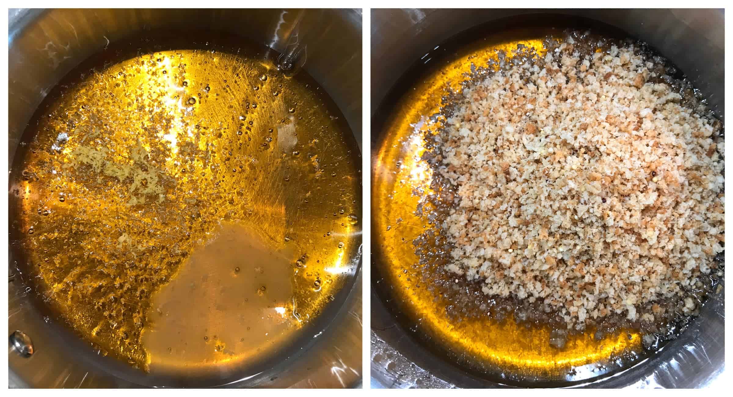 golden syrup and breadcrumbs in saucepan