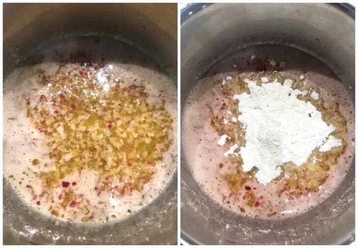 simmering ingredients in saucepan with flour