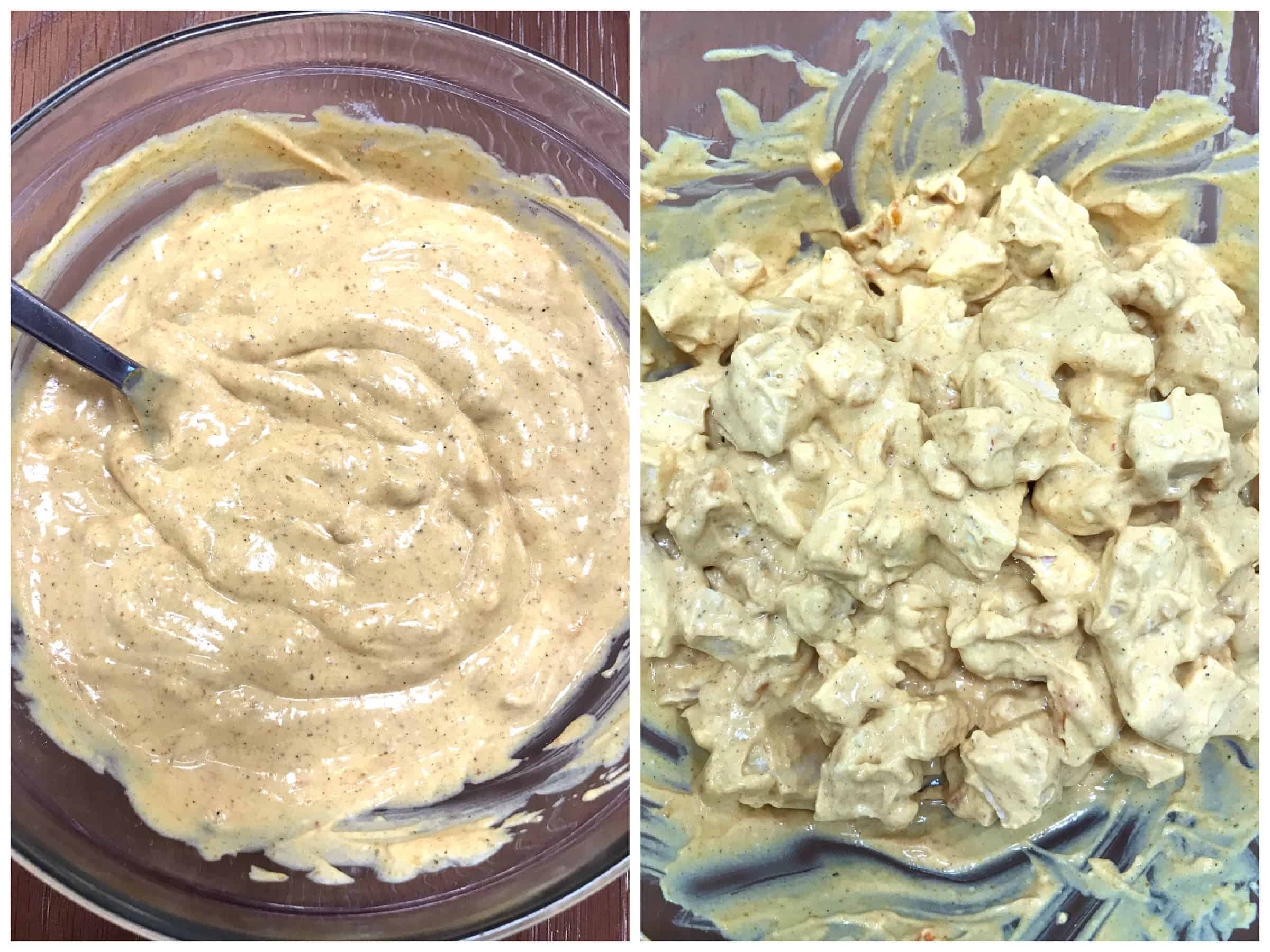 combining sauce with chicken