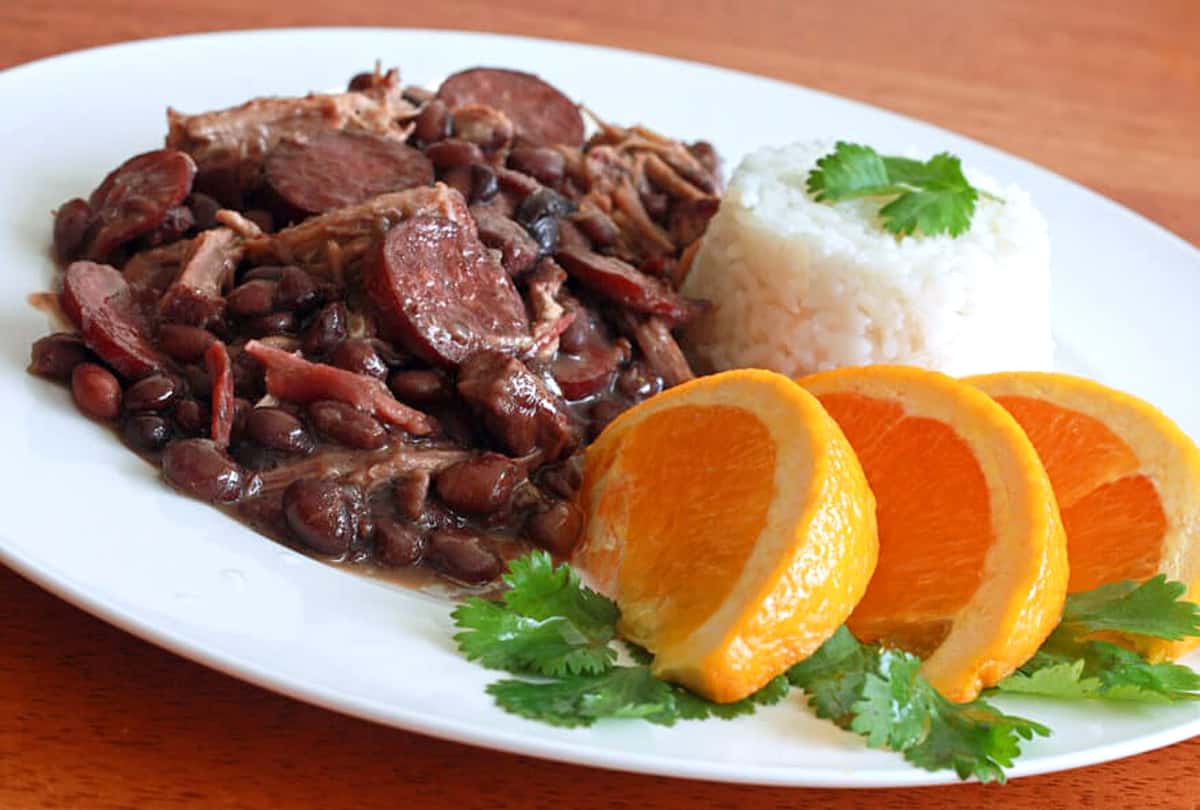 feijoada recipe Brazilian black bean stew sausage smoked meats pork beef linguica Portuguese oranges rice