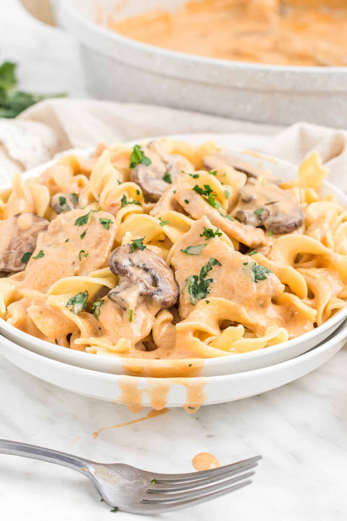 chicken stroganoff recipe best from scratch creamy porcini mushrooms white wine sour cream Dijon mustard Aneto broth