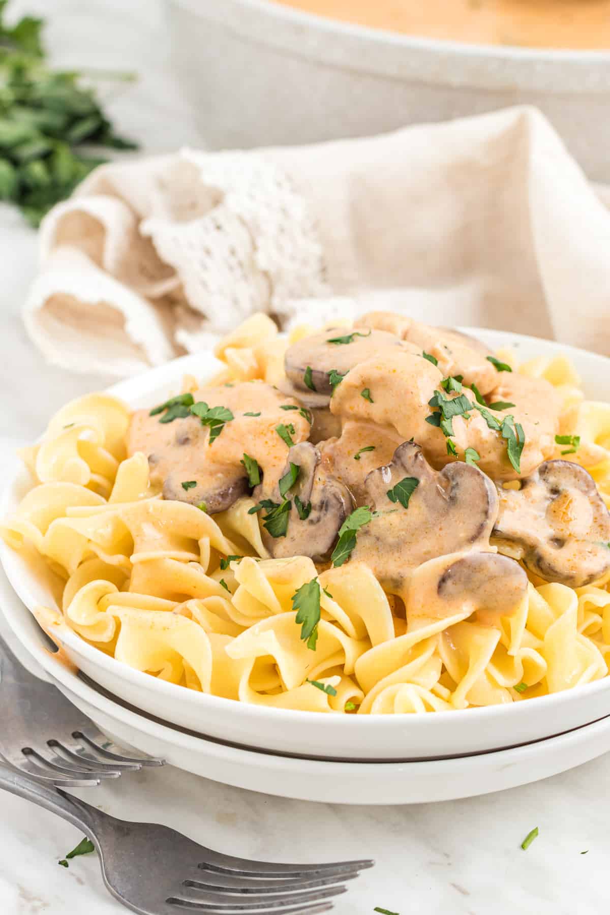 chicken stroganoff recipe best from scratch creamy porcini mushrooms white wine sour cream Dijon mustard Aneto broth