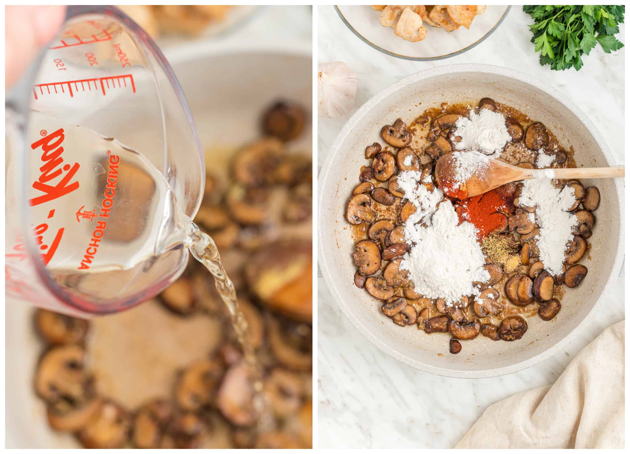 adding wine flour and spices to mushrooms