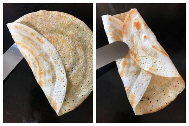 flipping dosa over on griddle