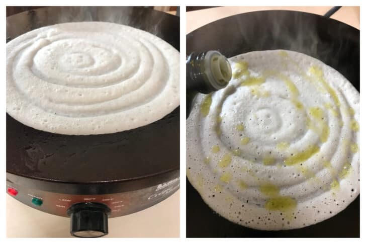 drizzling olive oil on dosa