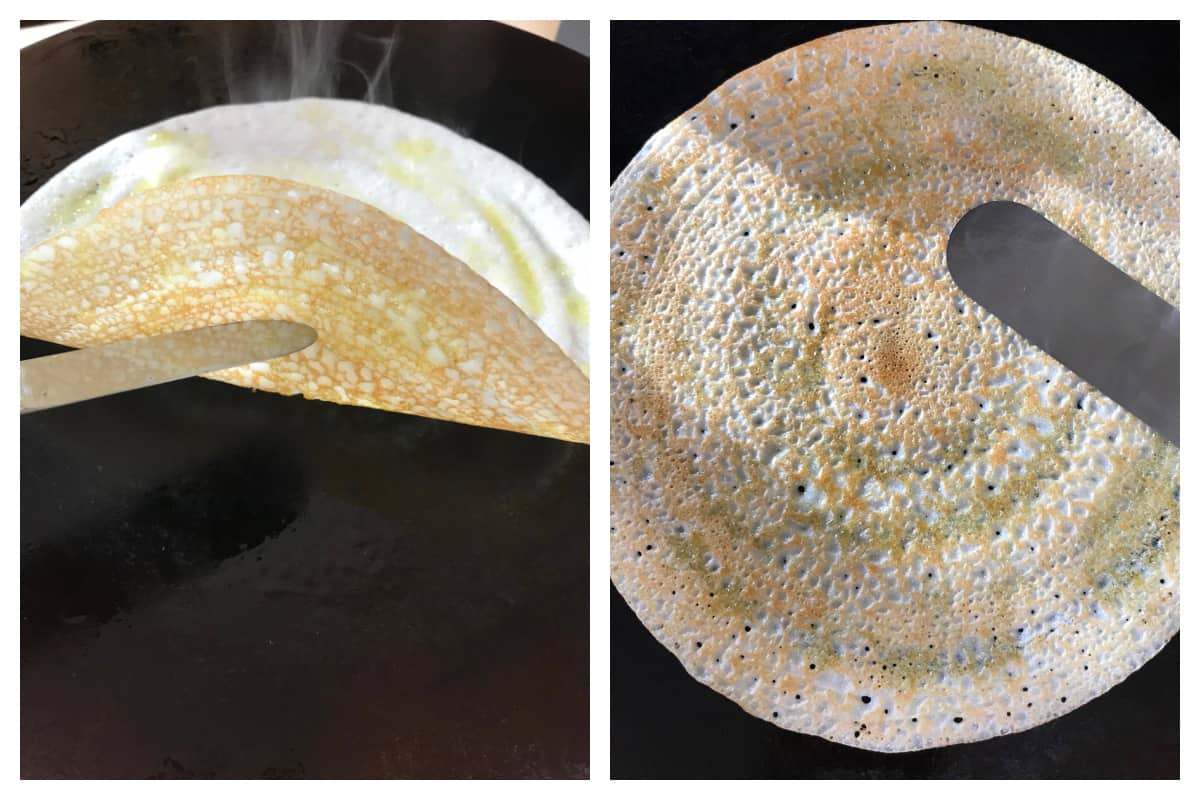 flipping dosa over on griddle