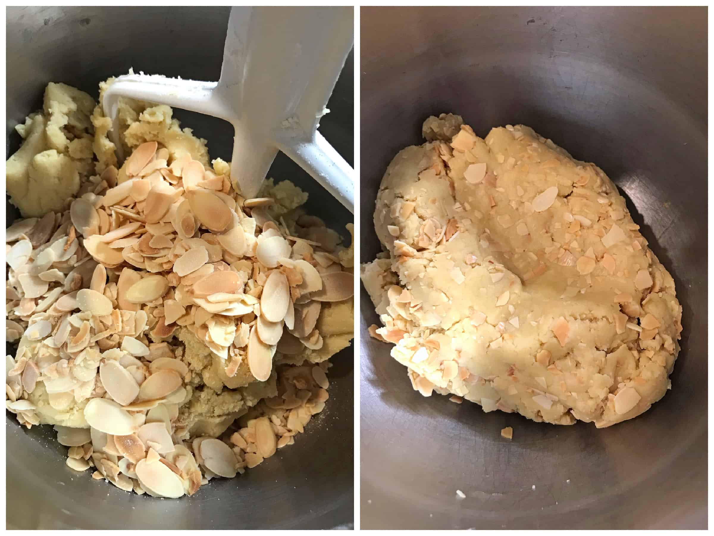 adding toasted almonds to dough