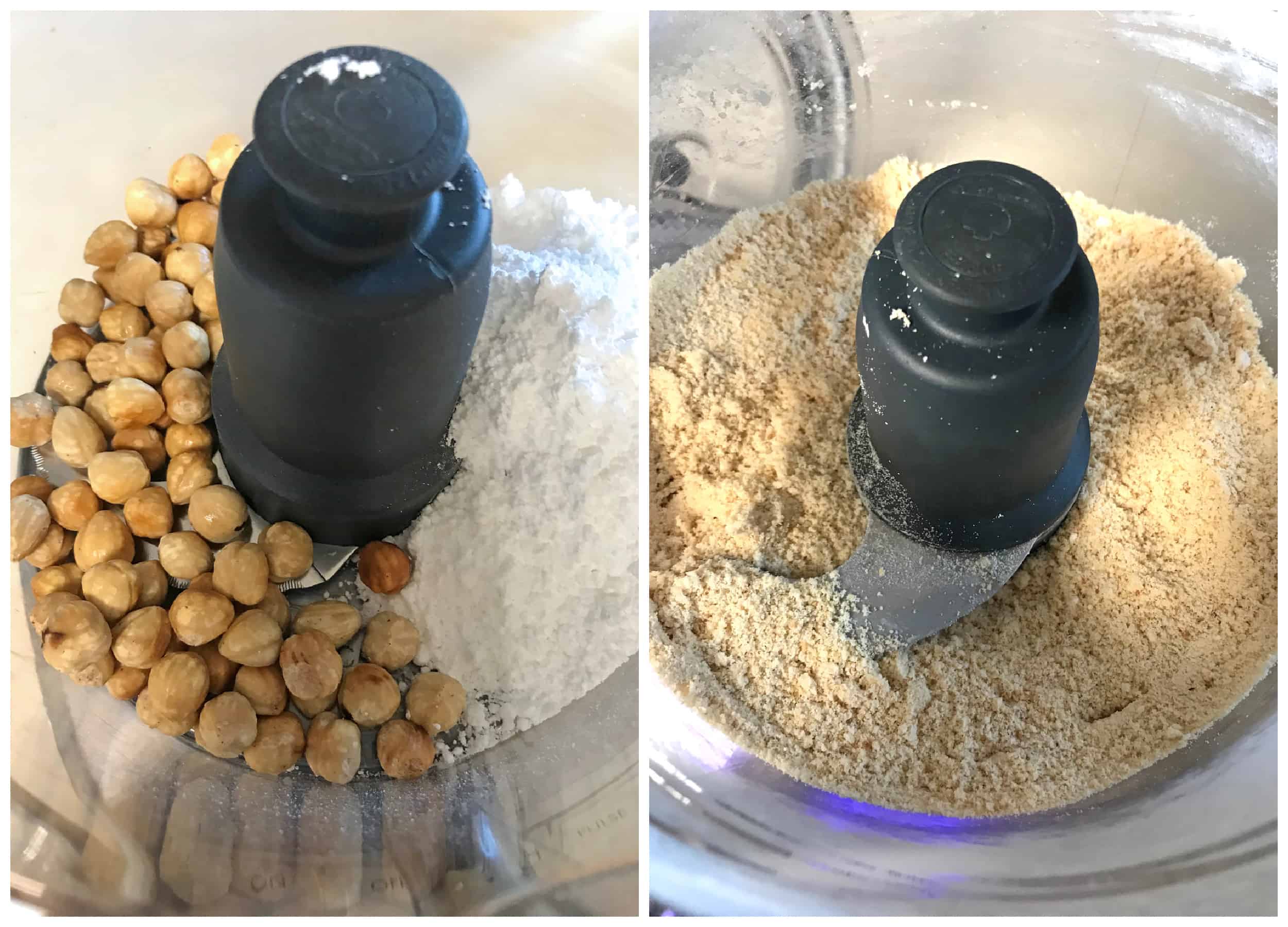 grinding hazelnuts and sugar in food processor