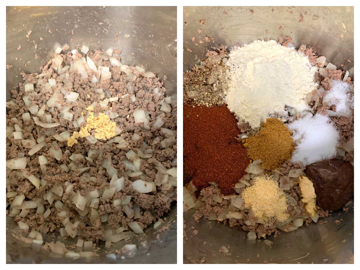 adding garlic and spices to ground beef