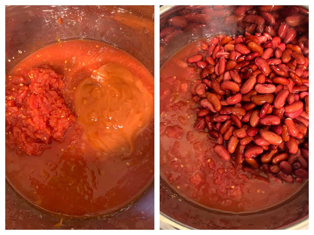 adding tomato sauce and kidney beans