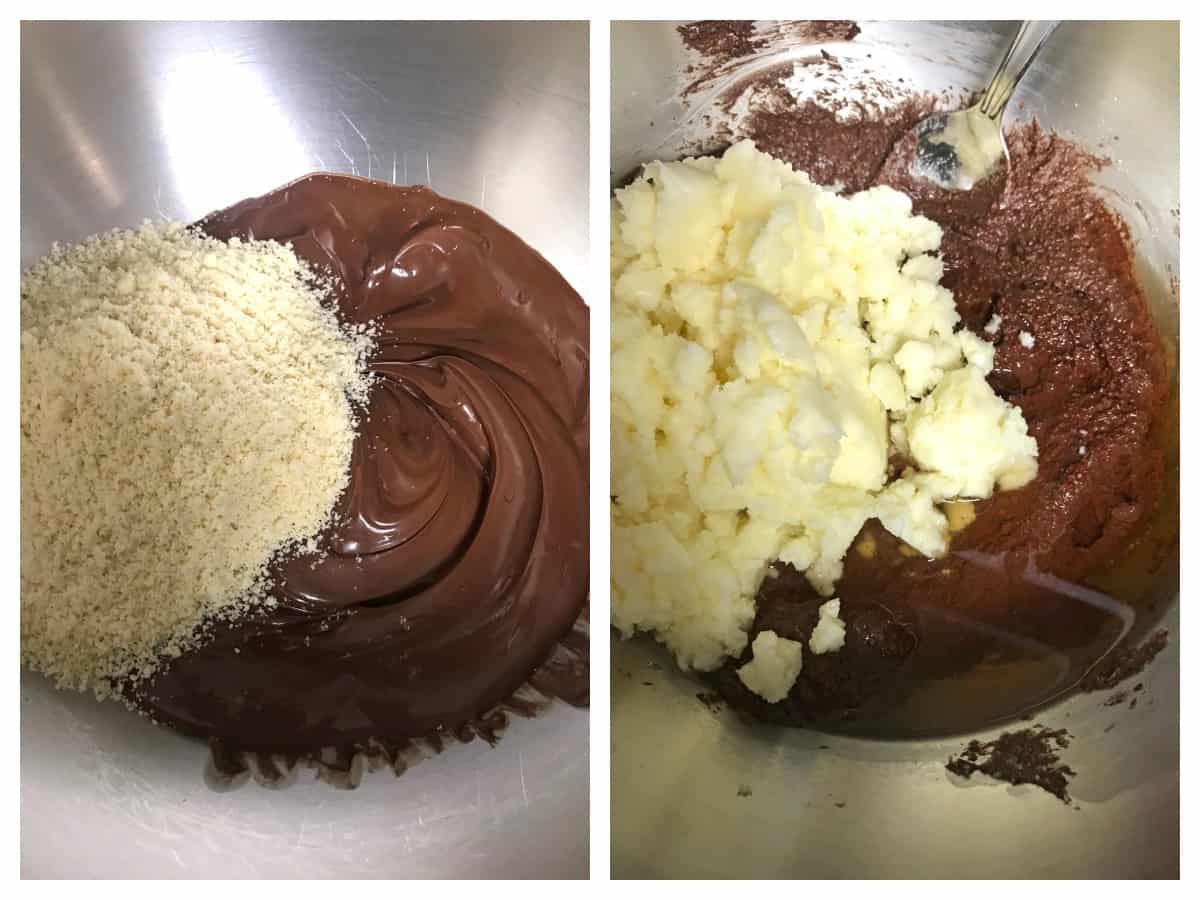 adding ground nuts and powdered sugar mixture to melted chocolate