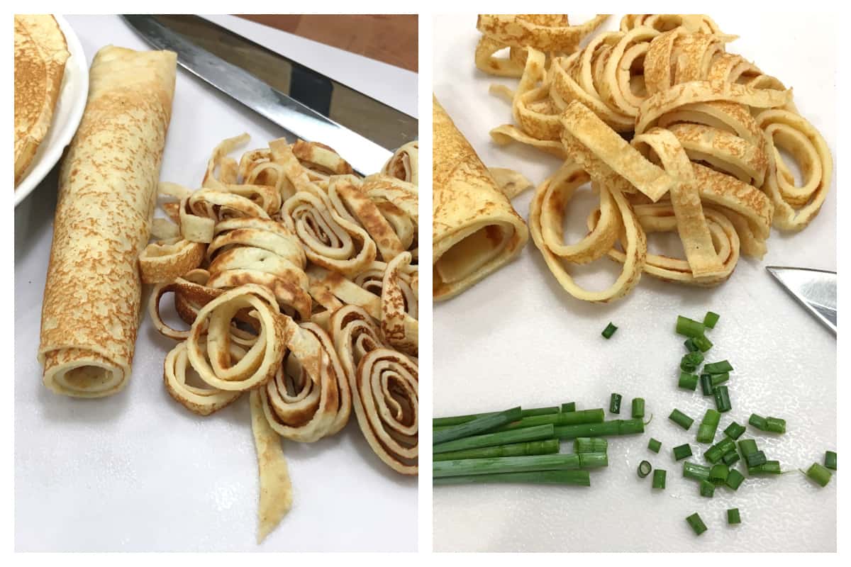 slicing pancakes and chives