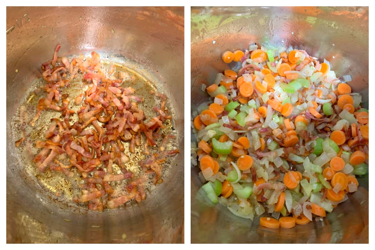 cooking bacon and veggies in pot