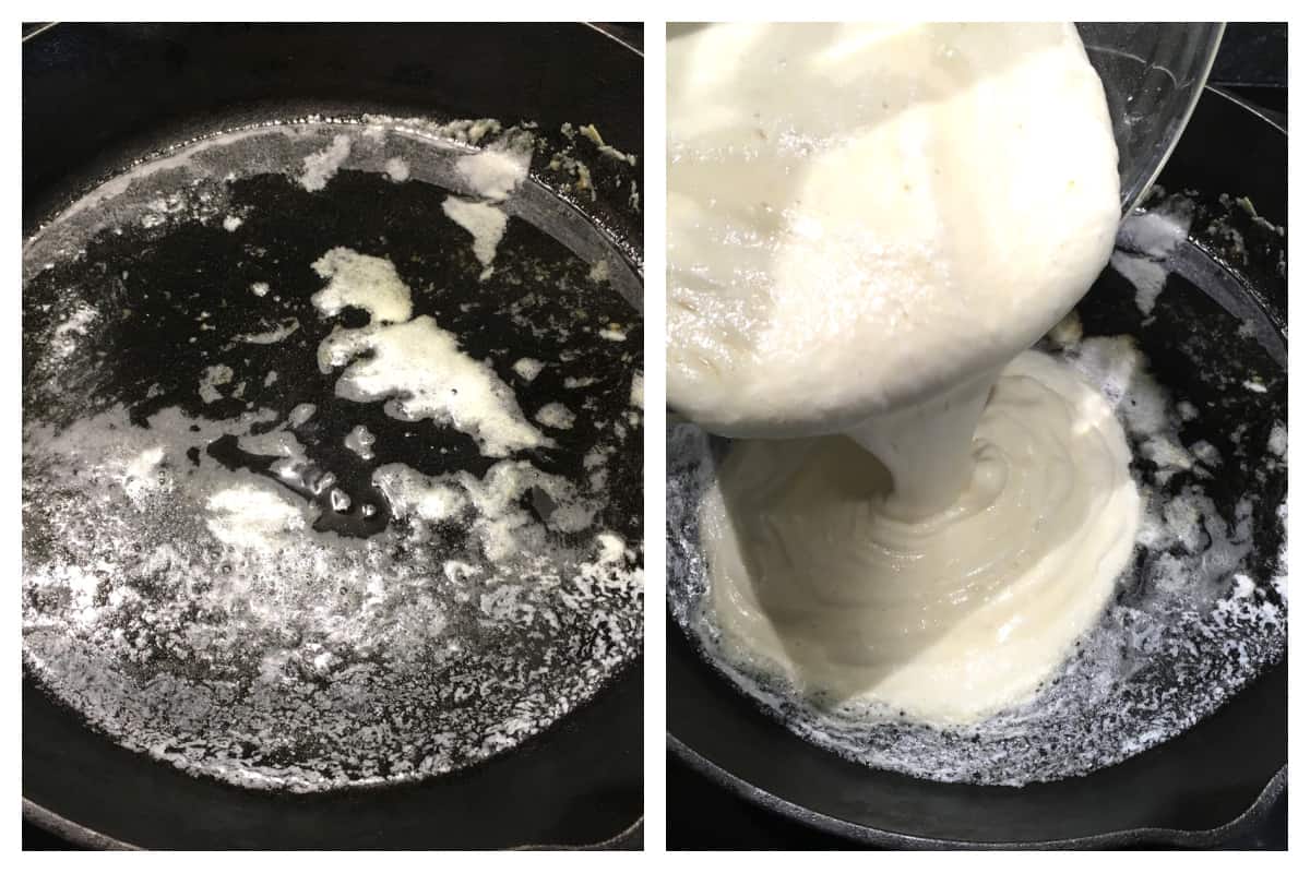 pouring batter into skillet