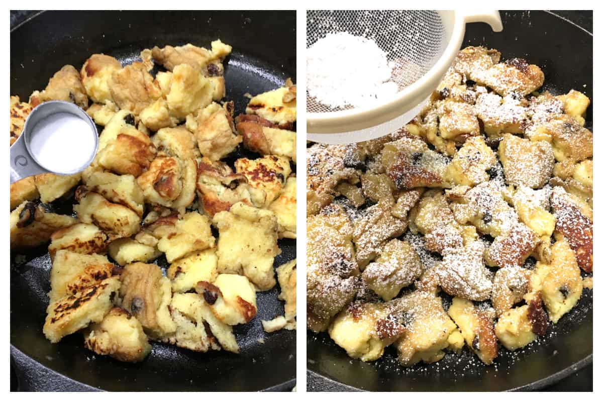 adding sugar to kaiserschmarrn pancake