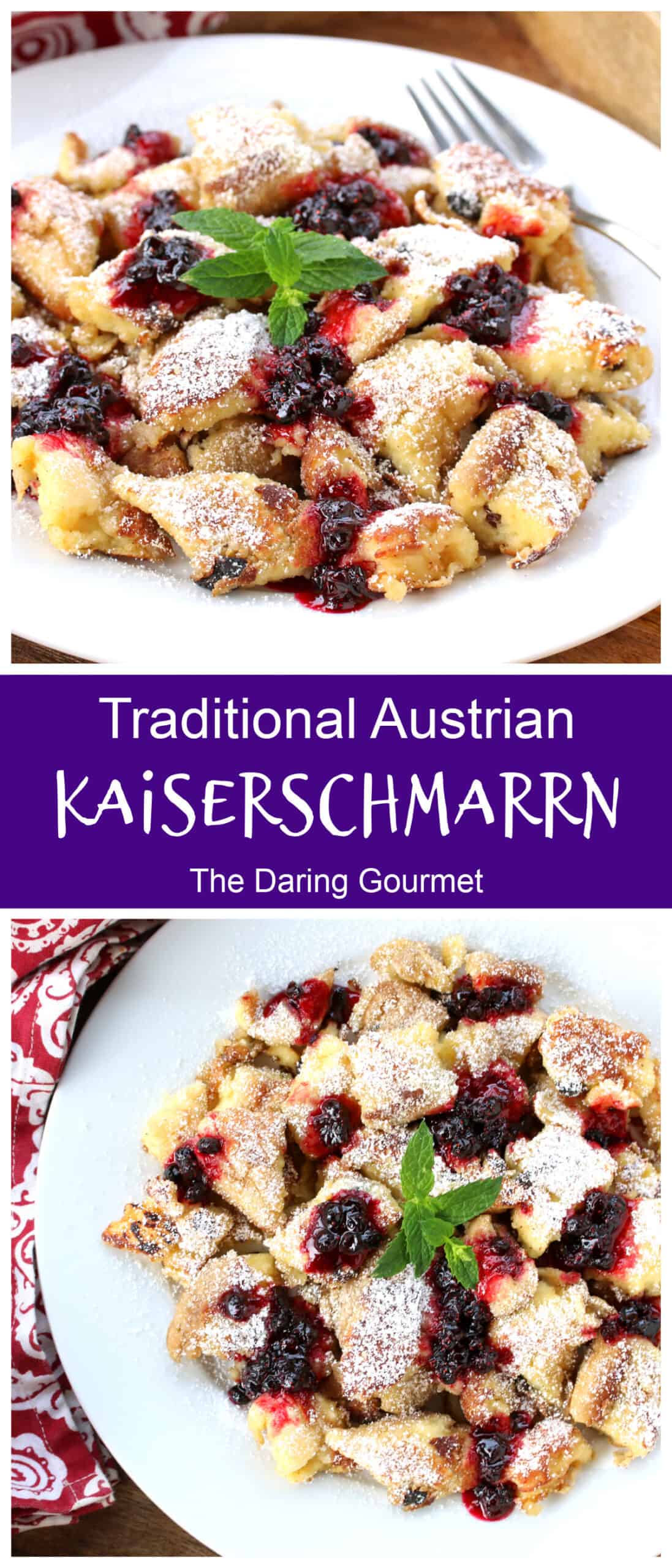 kaiserschmarrn recipe authentic traditional Austrian torn pancakes shredded scrambled rum raisins berries jam compote applesauce plums powdered sugar