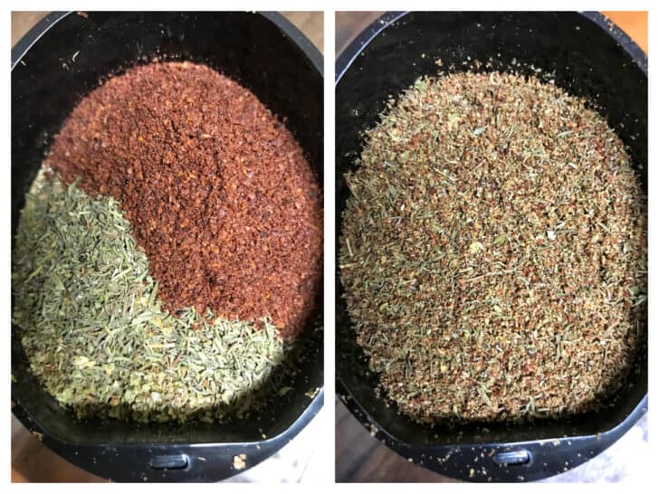grinding spices and herbs in grinder for za'atar