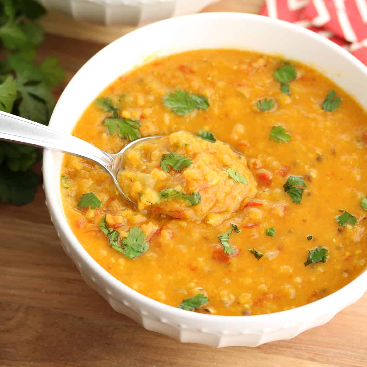instant pot masoor dal recipe indian red lentils curry cardamom tomatoes cilantro