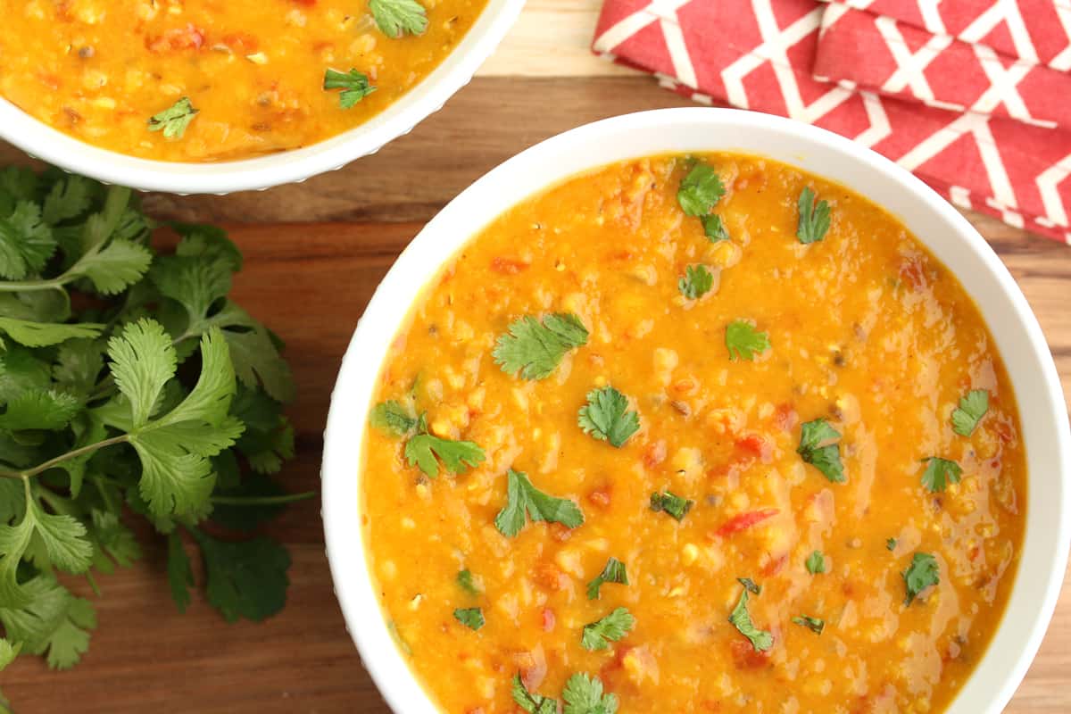 instant pot masoor dal recipe indian red lentils curry cardamom tomatoes cilantro