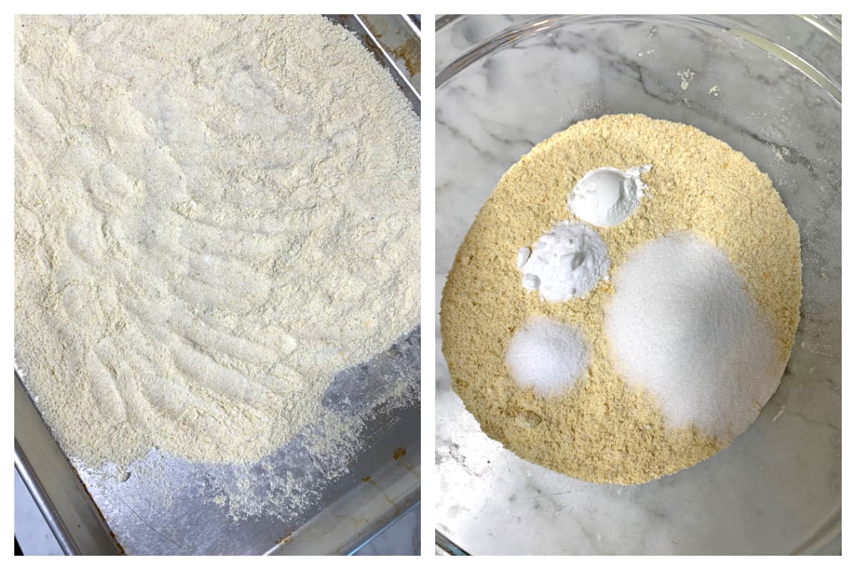 toasting cornmeal and combining dry ingredients