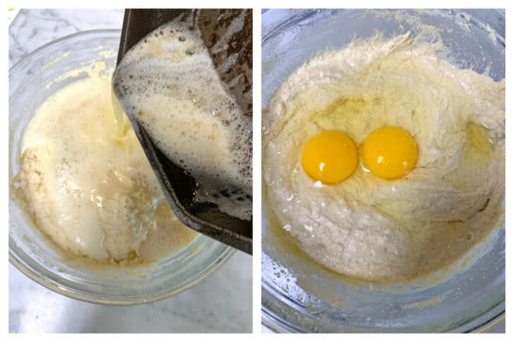 adding butter and eggs to mixture