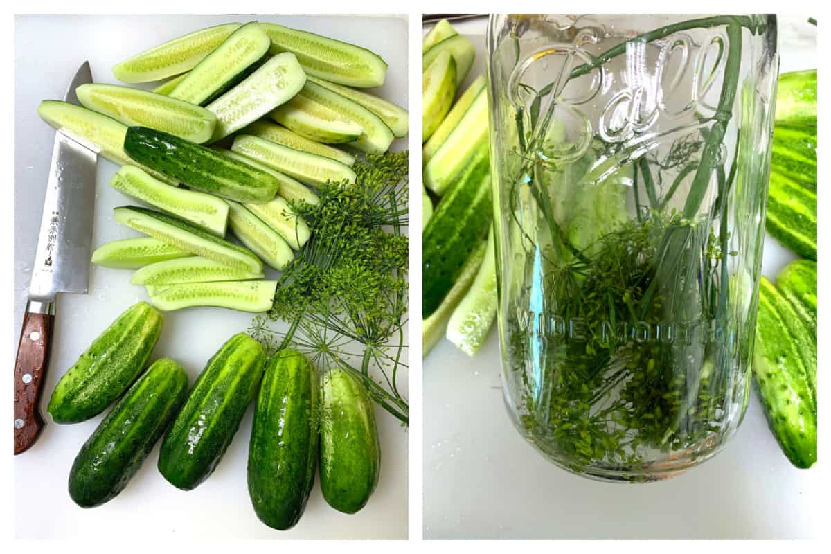 slicing cucumbers putting dill in jar
