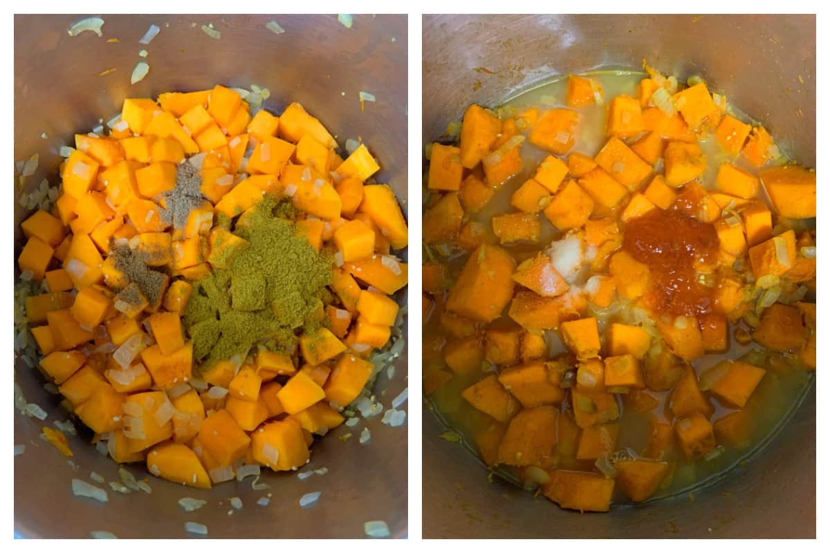 adding spices and broth