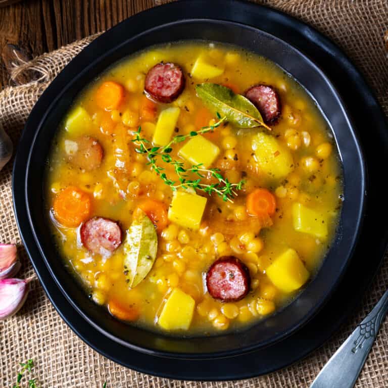 pea soup recipe yellow split peas whole green rustic sausage kielbasa