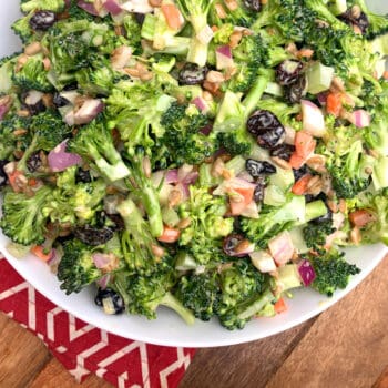 broccoli salad recipe best creamy raisins dried cranberries sunflower seeds onions vegetarian vegan deli style