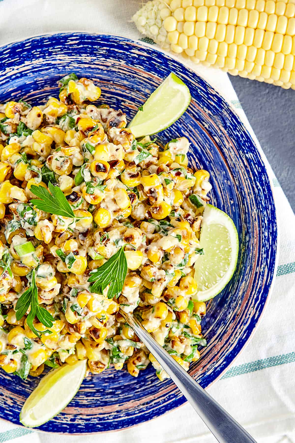 mexican corn salad recipe street food cotija cheese feta crema sour cream roasted grilled peppers lime cilantro