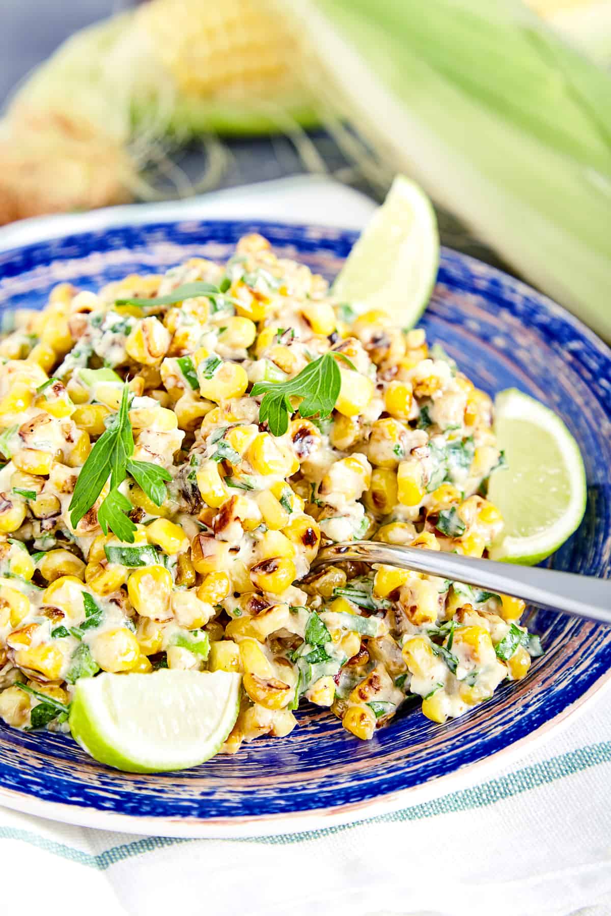 mexican corn salad recipe street food cotija cheese feta crema sour cream roasted grilled peppers lime cilantro