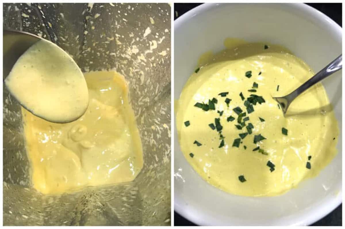 stirring tarragon into bearnaise sauce