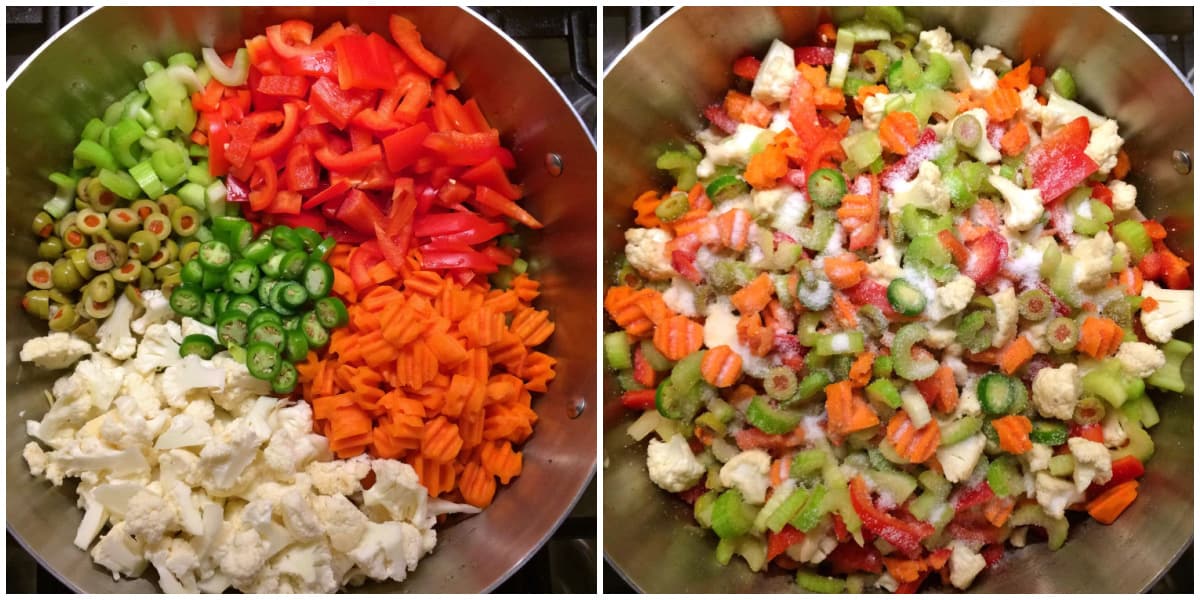 placing veggies in a large pot and adding salt