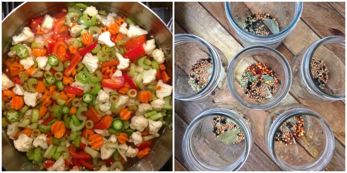 adding water and soaking the veggies adding spices to jars