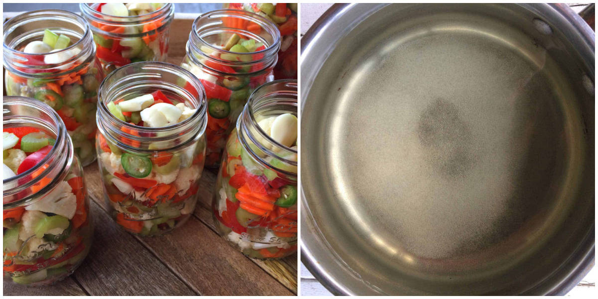 making a brine and stuffing the veggies in jars