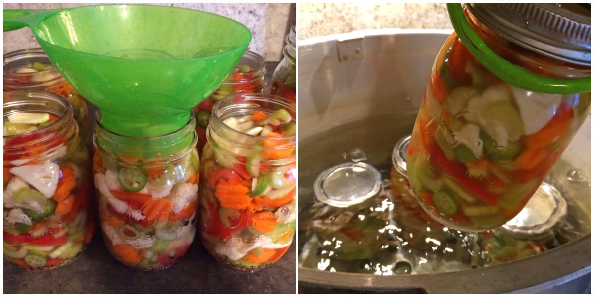 adding the brine to the jars and water bath canning