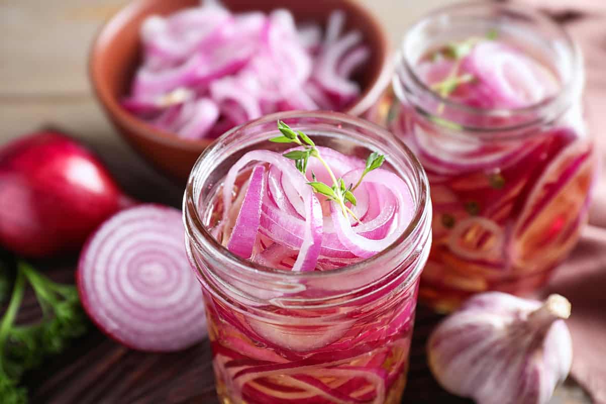 pickled red onions recipe classic traditional vinegar peppercorns garlic bay leaf canning preserving