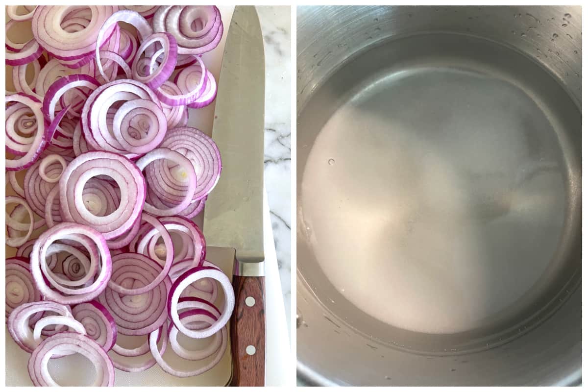 slicing onions and preparing brine