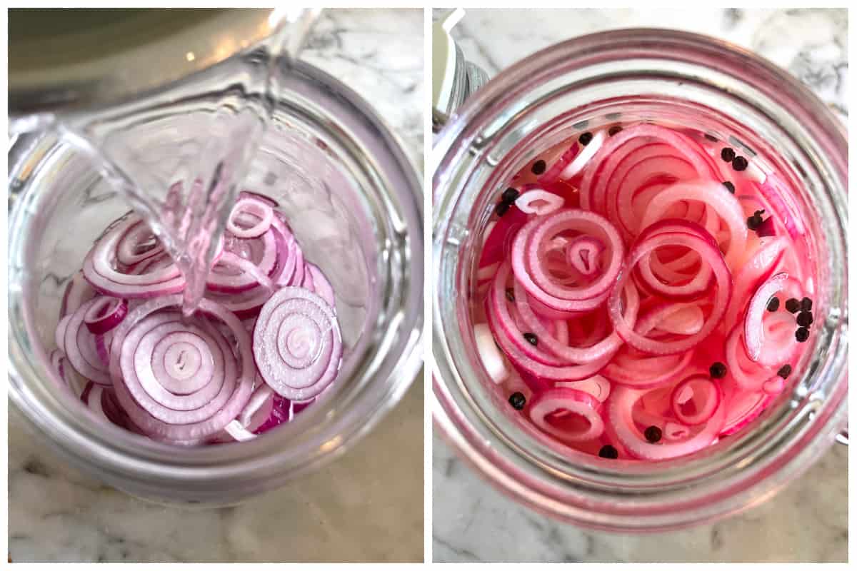 pickled red onions recipe classic traditional vinegar peppercorns garlic bay leaf canning preserving