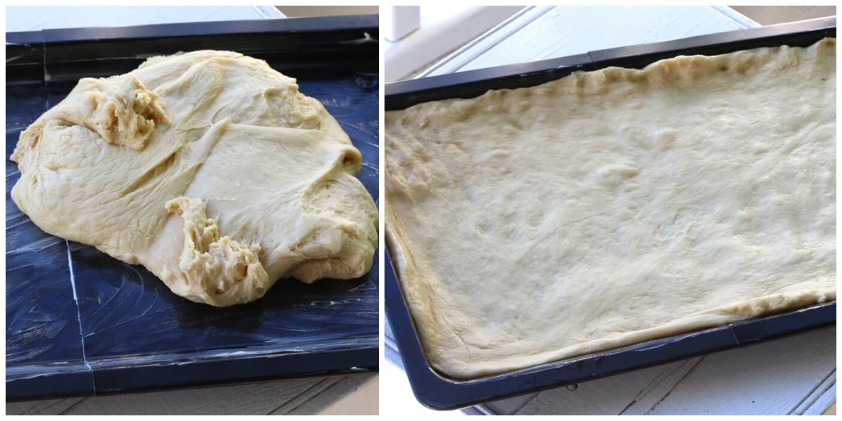 spreading the dough onto the pan