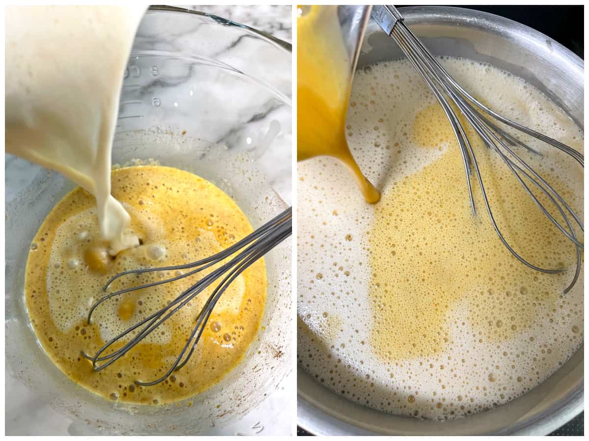 pouring hot custard into egg yolks