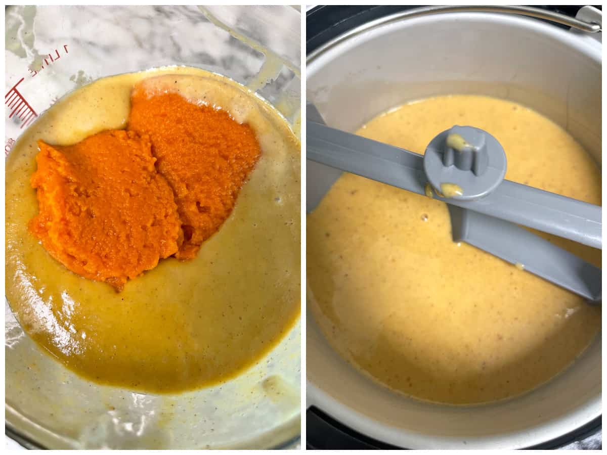 adding pumpkin and putting custard in ice cream maker
