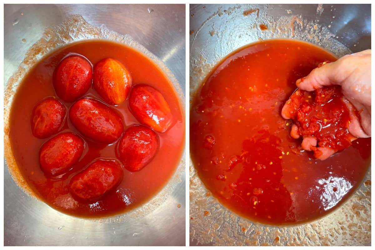 crushing peeled plum tomatoes by hand