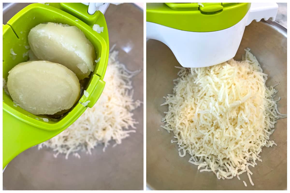 pressing potatoes through a ricer
